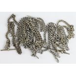 Assortment of silver / white metal "T" bar / pocket watch chains. Total weight approx 273g