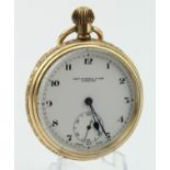 Gents gold plated open face pocket watch by Thos Russell & Son Liverpool. In an Elgin case (no.