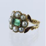 Yellow gold (tests 15ct) Georgian emerald and pearl mourning ring, one rectangular cut emerald