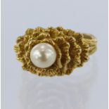 Yellow gold (tests 18ct) pearl high lattice set dress ring, cultured saltwater pearl measures 6mm