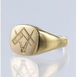 9ct yellow gold cushion shaped masonic signet ring, finger size U/V, weight 6.3g.