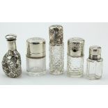 Five glass & silver scent bottles, three with hallmarked tops, Birm. 1903, 1906 & 1910, one has a