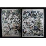 Pair of intricate Chinese silk tapestries depiciting exotic birds to include a peacock, parrots,