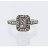 9ct white gold mix-cut diamond cluster ring, six princess cut diamonds in centre cluster, surrounded