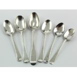 Five silver Hanoverian teaspoons, all have worn marks, c 1760-70 + a dented-bowled Irish teaspoon by