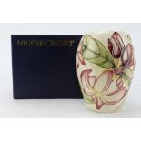 Moorcroft 'Frangipani Plumeria' vase. Boxed. 1st quality. Height 13cm approx.