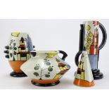 Lorna Bailey. Four Lorna Bailey 'Pagoda Garden' pattern pieces, comprising two jugs, vase & sugar
