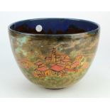 Large Hazel Leach glazed bowl with village and mountain scene, signed to base, height 15.5cm,