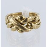 9ct yellow gold four band puzzle ring, finger size L/M, weight 6g.