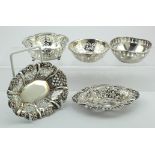 Five silver Bon-bon dishes, all different, various hallmarks, two are Victorian (one of which is