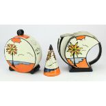 Lorna Bailey. Three Lorna Bailey 'Beach' pattern pieces, comprising large jug, large circular lidded