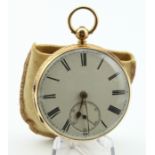 Gents 18ct cased open pocket watch, hallmarked Chester 1865. The 46mm cream dial with black roman