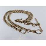 9ct "T" bar pocket watch chain. Length approx 39cm, weight 40.5g