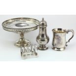 Mixed silver to include tazza, toast rack, sugar sifter & tankard. Total weight approx 30.25oz