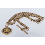 9ct "T" bar pocket watch chain with 9ct medalet attached. Approx 36.5cm , weight 50g