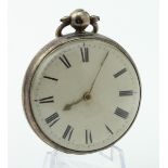 Gents silver cased open face pocket watch, hallmarked London 1832. The white dial with black roman