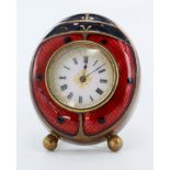 Unusual copper & enamel ladybird desk clock, date unknown, possibly mid 20th Century, enamel dial