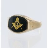 Yellow gold (tests 9ct) signet ring, masonic gold inlay set in to bloodstone table, bloodstone