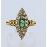 Yellow gold (tests 18ct) Victorian navette diamond and emerald cluster ring, set with one baguette
