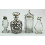 Four silver & glass items comprising of two Georgian Peppers with silver tops hallmarked for