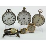Wristwatches & Pocket Watches. A group of six 18ct, 9ct Gold & silver wristwatches & pocket