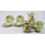 Clarice Cliff Spring Crocus pattern tea set, comprising teapot (with lid), six cups & saucers,