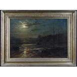 Artist unknown. Oil on panel depicting a harbourside under a moonlit sky. Signed with a monogram,