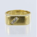 Yellow gold (tests 18ct) rectangular diamond set signet ring, three square brilliant cut diamonds