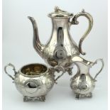 Late Victorian silver plated, very ornate three piece tea-set made by John Round & Son Ltd.,