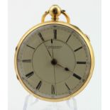 Gents 18ct cased open pocket watch, hallmarked Chester 1866?. The 47mm cream dial with black roman