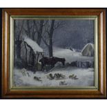 W. Price?. Oil/gouache under glass depiciting farmyard animals during evening snowfall. Signed lower