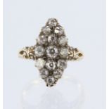 Yellow gold (tests 18ct) antique Victorian diamond navette cluster ring, set with fifteen graduating