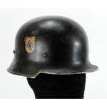 Civil Defence Fire Police helmet, black finish. Comb absent.