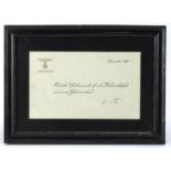 Framed Correspondence card 'Happy Christmas and New Year from Hitler' embossed. 1943 (Rare)