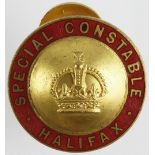 Police - Halifax Special Constable brass & enamel badge crescent lapel fitting. Maker J.R. Gaunt &