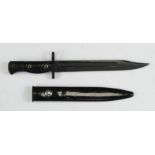 Bayonet a UK Model L1A3 Knife bayonet, parkerised bowie blade 8", in its steel scabbard. Marked "