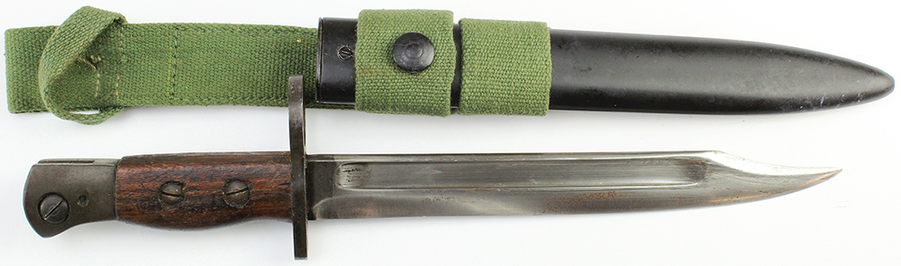 Bayonet, a No5 Mk1 for the Lee Enfield Jungle Carbine, in its steel scabbard, Bowie blade 8",