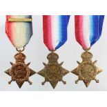 1914 Star with modern Aug-Nov clasp, and 1915 Stars (x2) all with names erased. (3)