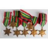 WW2 Pacific Stars (x7) includes one with an original Burma clasp, and 2x late issue stars