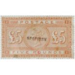 GB - 1867-1883 £5 orange Plate 1, optd 'SPECIMEN' large part o.g, some faults inc thin, cat £3000