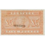GB - 1867-1883 £5 orange Plate 1, optd 'SPECIMEN' mint o.g, some creasing, cat £3000
