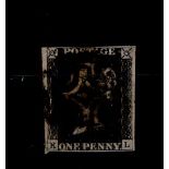 GB - 1840 Penny Black Plate 9 (K-L) showing guide line through value, four margins, used, cat £625