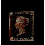 GB - 1840 Penny Black Plate 2 (H-L), fine used, four margins, red MX, cat £375