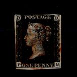 GB - 1840 Penny Black Plate 7 (P-B), fine used, four margins, red MX, cat £450