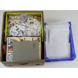 Box + blue tray with stamps in assorted smaller boxes, in labelled envelopes, etc. Good sorted