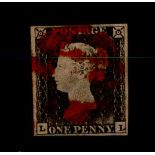 GB - 1840 Penny grey black, worn plate (L-L) four margins, red oily MX, cat £500