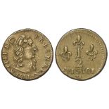 Coin Weight: Brass portrait weight for a French gold 1/2 Pistole of Louis XIIII, GVF