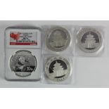 China Silver 10 Yuan Pandas (4) 2013 x2, 2014 NGC MS70 Early Release & 2017. The 2014 as stated