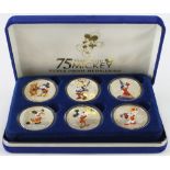 Disney, 75 Years With Mickey, set of 6x colourised 1oz .999 silver medals 2003, lightly toned UNC,