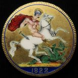 Enamelled Coin: GB, George IV Crown 1822 gilt and reverse finely enamelled. Remnants of brooch pin